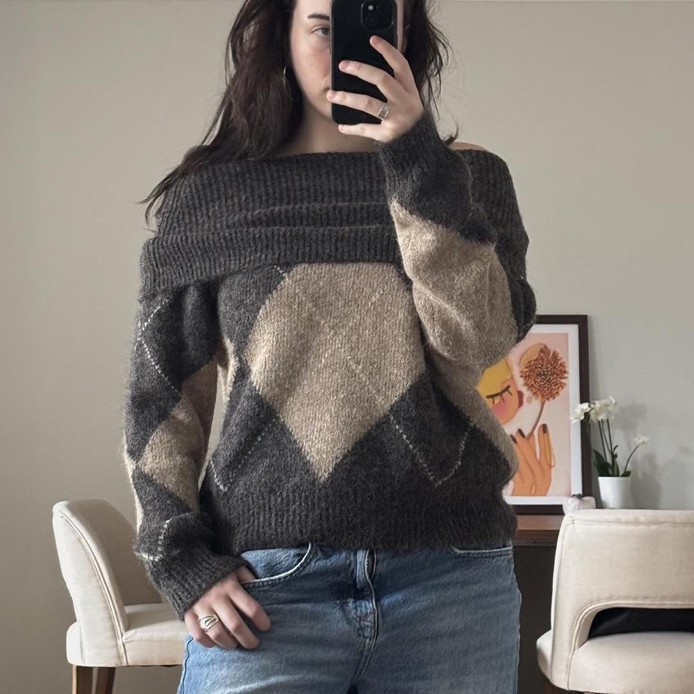 Zara Off-the-Shoulder Argyle Sweater in Dark Brown and Beige